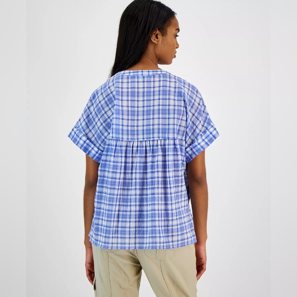 Tommy Hilfiger Women's Blue White Plaid Cotton Popover Short Sleeves Shirt Small - Picture 2 of 15